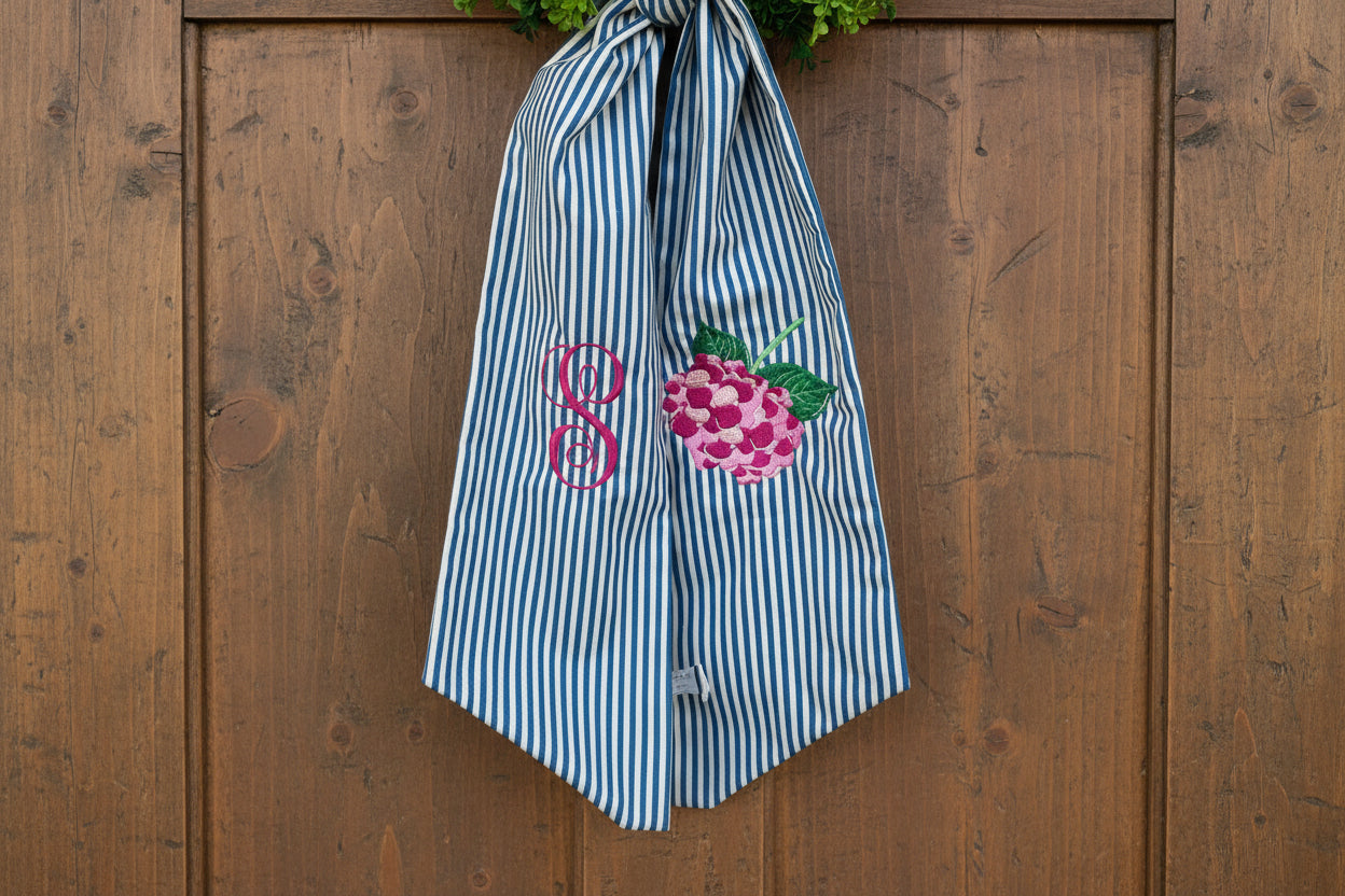 Embroidered monogram wreath sash. Front door decor