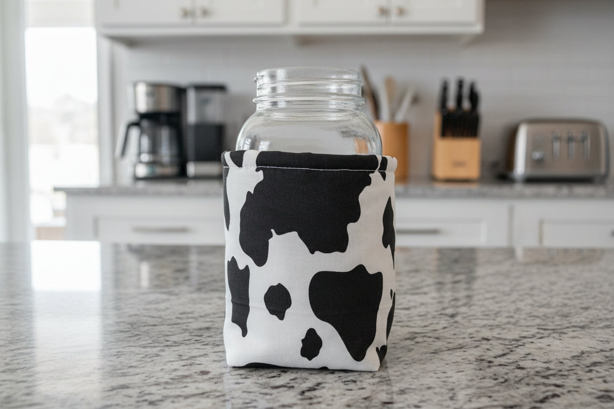 Cow Print Quilted Mason Jar Cozy: Reusable Insulated Drink Sleeve
