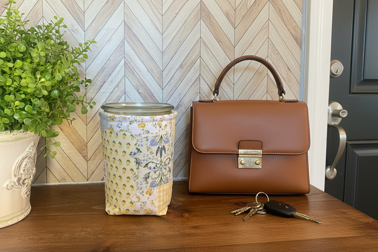 Yellow Patchwork Weck Jar Cozy: Quilted Insulated Drink Sleeve