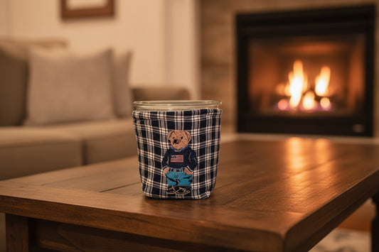 Embroidered bear Blue Gingham Weck Jar Cozy: Quilted Insulated Drink Sleeve