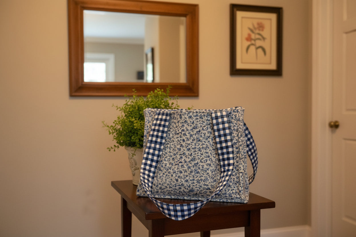 Blue floral with gingham lining /tote/purse/weekender bag/cotton quilted/clasp closure