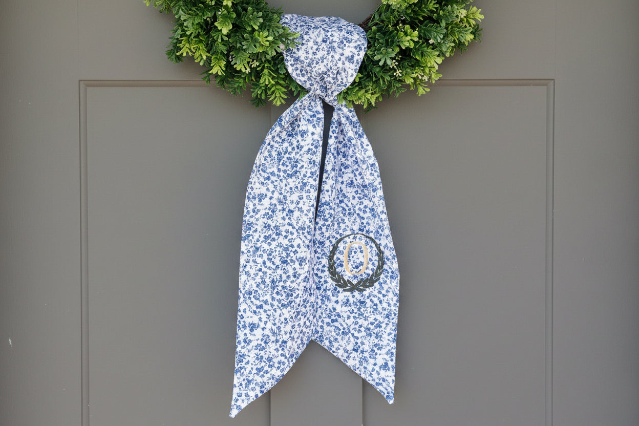 Embroidered monogram wreath sash. Front door decor