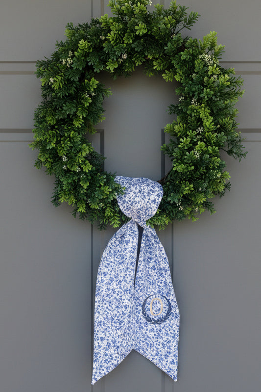 Embroidered monogram wreath sash. Front door decor
