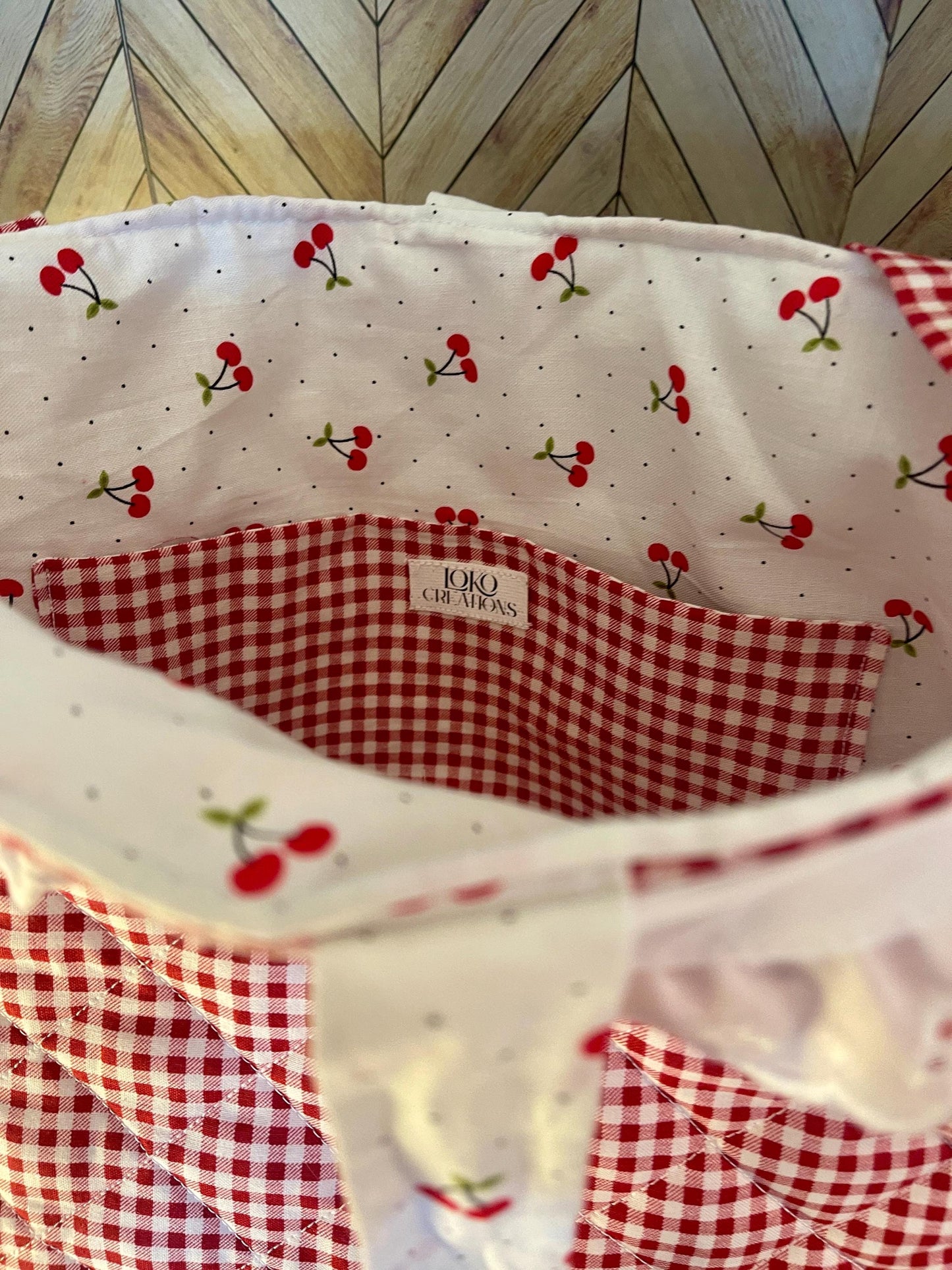 Red gingham with cherry lining /tote/purse/weekender bag/cotton quilted/tie closure