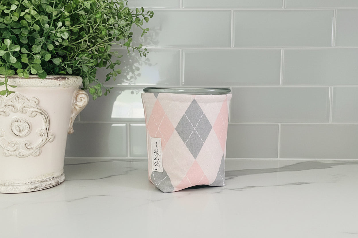 Handmade pink argyle weck jar Cozy: Insulated Fabric Sleeve