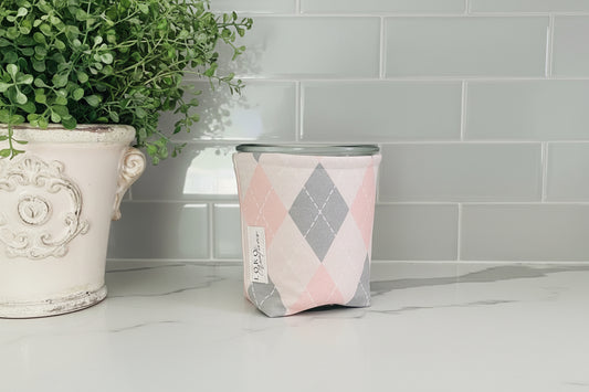 Handmade pink argyle weck jar Cozy: Insulated Fabric Sleeve