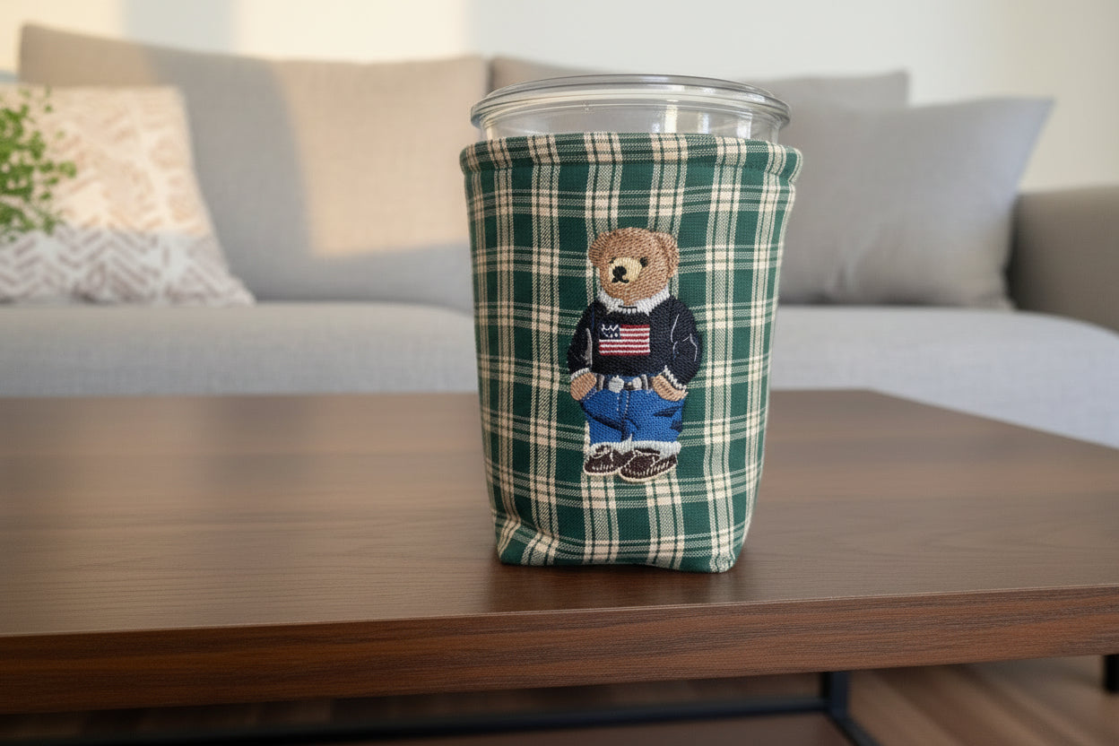Embroidered bear green Gingham Weck Jar Cozy: Quilted Insulated Drink Sleeve