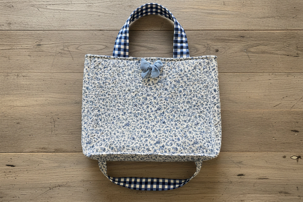 Blue floral with gingham lining /tote/purse/weekender bag/cotton quilted/clasp closure