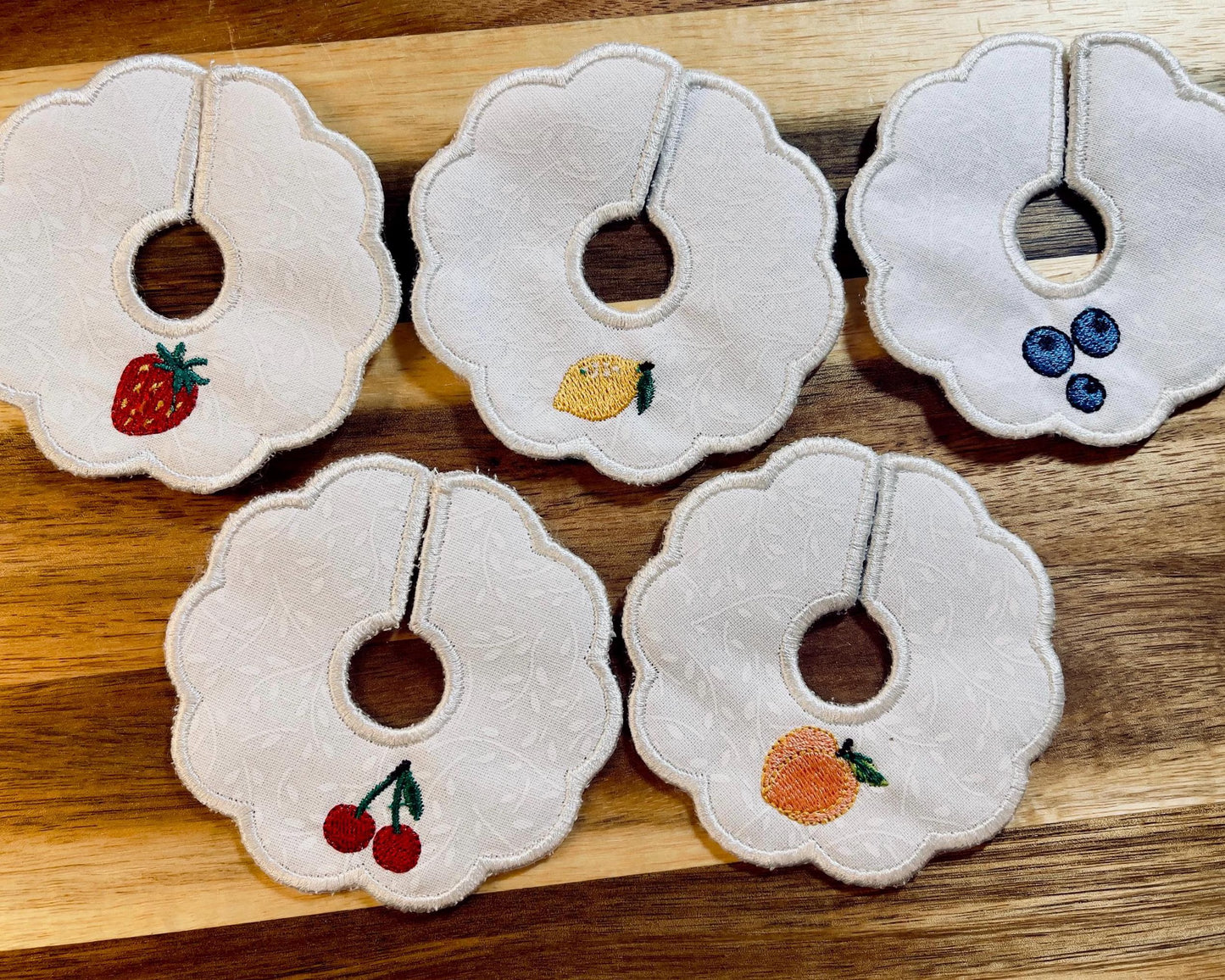 Embroidered Wine Charms - Fabric Drink Markers, Fruit Design