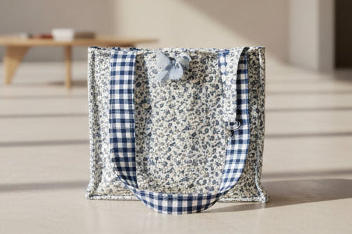 Blue floral with gingham lining /tote/purse/weekender bag/cotton quilted/clasp closure