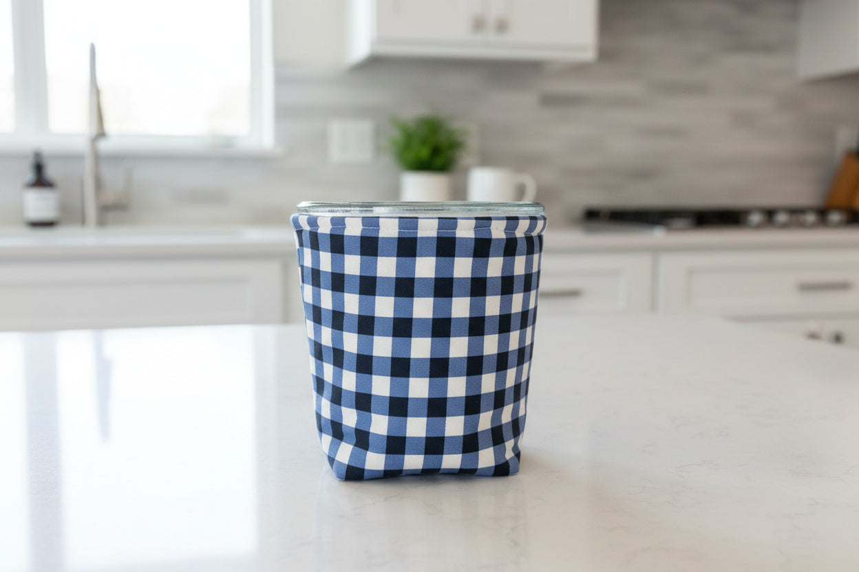 Blue Gingham Quilted Weck Jar Cozy: Reusable Insulated Drink Sleeve