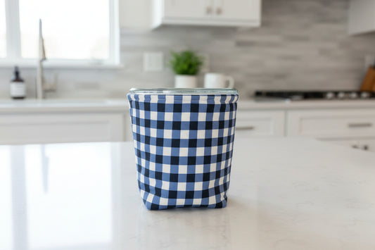 Blue Gingham Quilted Weck Jar Cozy: Reusable Insulated Drink Sleeve