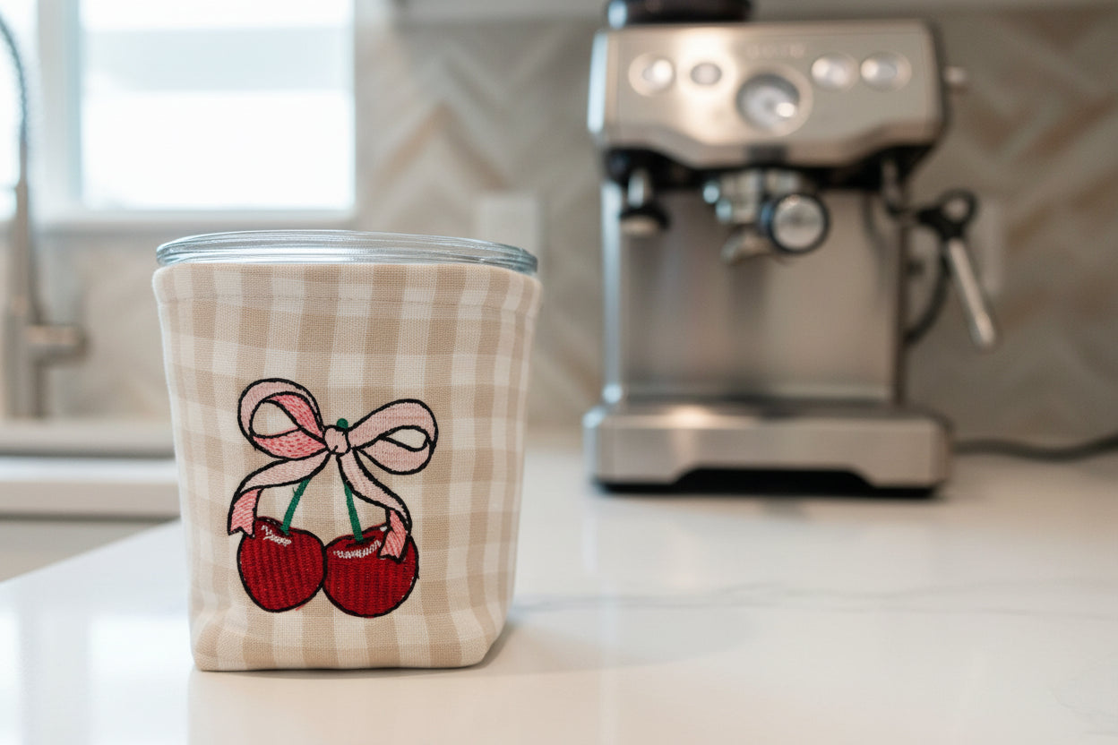 Embroidered Cherry Weck Jar Cozy: Quilted cherries Insulated Drink Sleeve