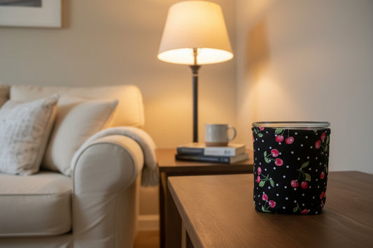 Quilted Weck Jar Cozy: Black Cherry Print, Insulated Drink Sleeve