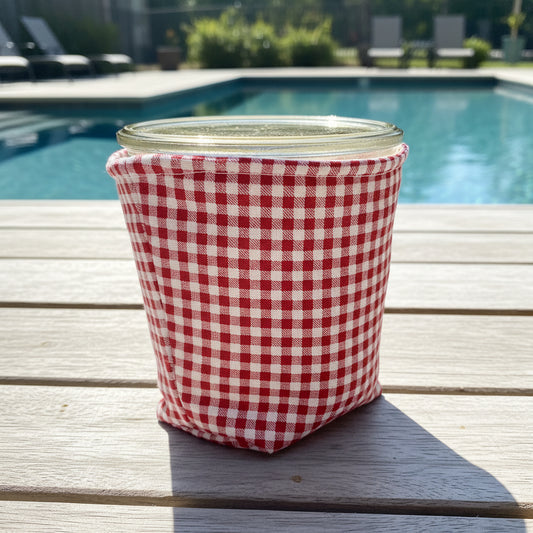 Red Gingham Cherry Weck Jar Cozy: Quilted Insulated Sleeve