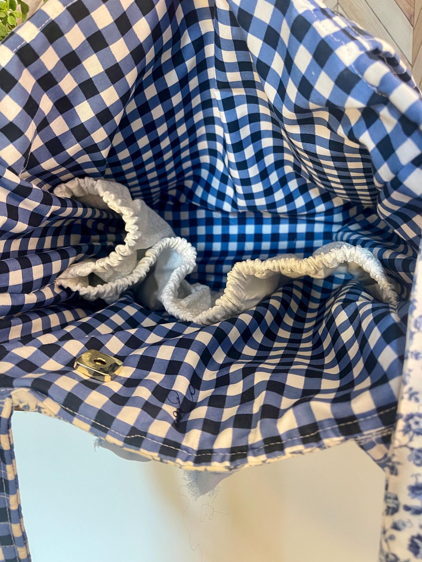 Blue floral with gingham lining /tote/purse/weekender bag/cotton quilted/clasp closure